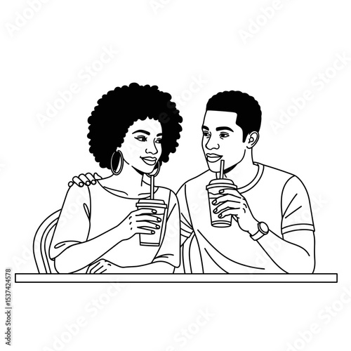 Happy couple, enjoying drinks, sharing moments, indoor setting, line art, relationship joy