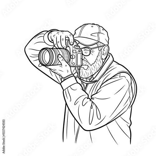 Elderly man, focused, taking photo with camera, outdoor setting, line art, photography passion