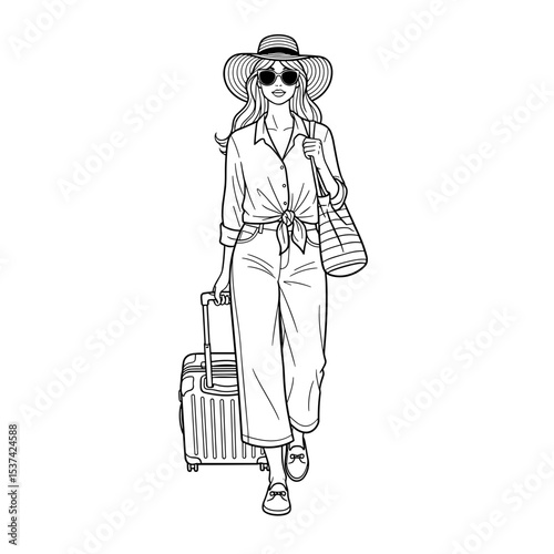 Stylish woman, confident, walking with suitcase, summer outfit, line art, vacation mode