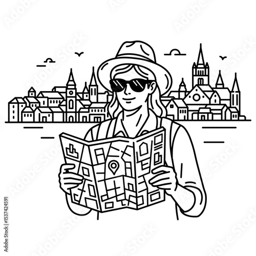 Traveling woman, curious, reading map, urban background, line art, exploration concept
