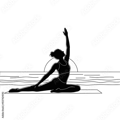 Woman practicing yoga, graceful, side stretch pose, at sunset, line art, fitness harmony