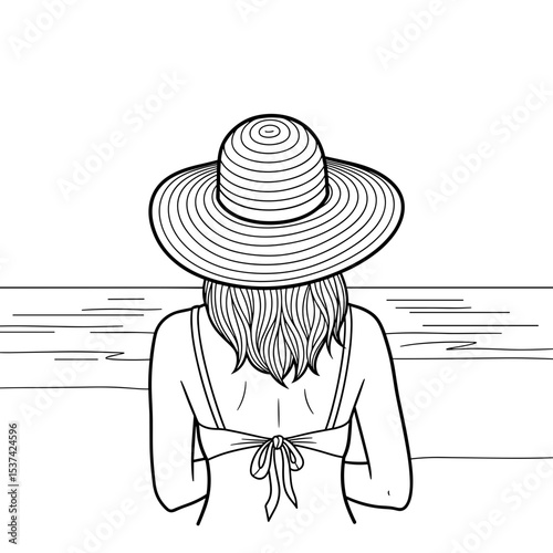 Woman with straw hat, relaxed, enjoying beach view, summer day, line art, tranquility