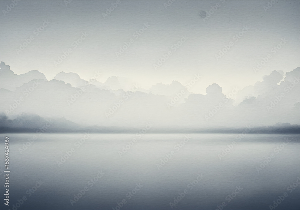 Fototapeta premium Minimalist Ink Wash Painting Landscape with Misty Mountains and Serene Lake | Tranquil Asian Art for Meditation, Interior Design, and Calming Visuals