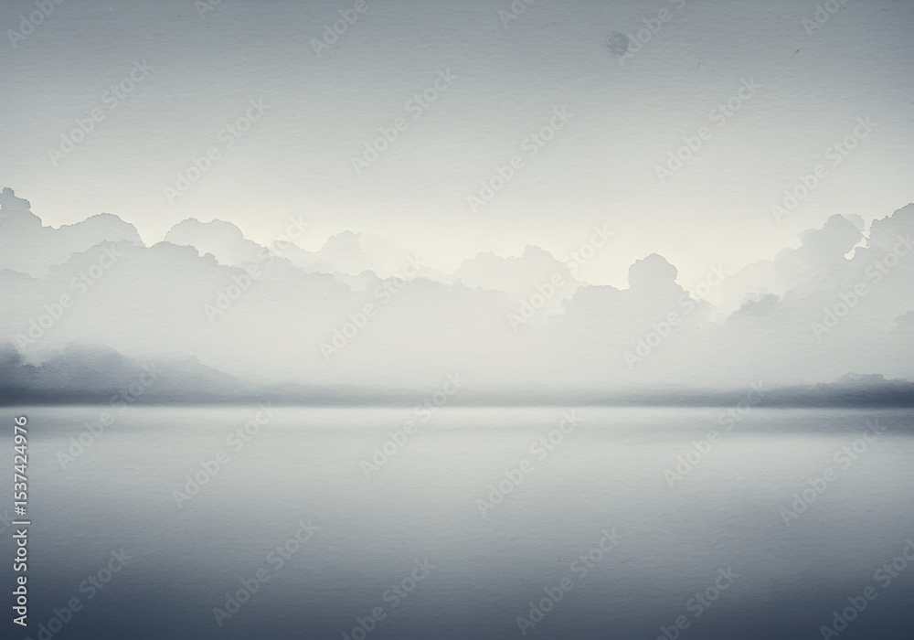 Obraz premium Serene Misty Lake Landscape with Soft Clouds - Minimalist Asian Inspired Nature Scene for Meditation, Wall Art, and Calming Backgrounds