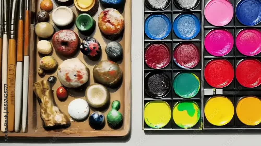 Artistic Palette Panorama: An Overhead Showcase of Brushes and Paints on a Tray