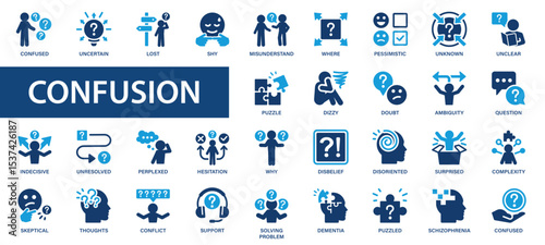 Confusion flat icons set. Hesitation, conflict, uncertain, disoriented, doubt, dizzy, lost icons and more signs. Flat icon collection.
