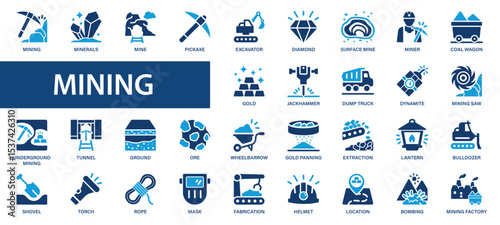 Mining flat icons set. Miner, diamond, gold, hammer, dynamine, tunnel, mine icons and more signs. Flat icon collection.