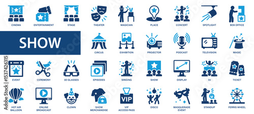 Show flat icons set. Exhibition, cinema, circus, event, place, ceremony, tickets icons and more signs. Flat icon collection.