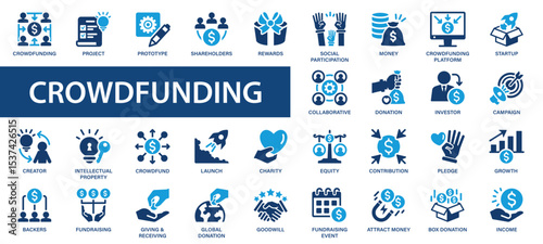 Crowdfunding flat icons set. Investor, fundraising, equity, unity, rewards icons and more signs. Flat icon collection.