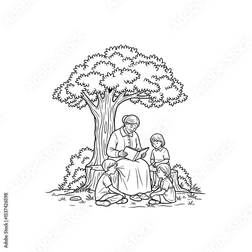 Grandmother feeling cherished, reading a story to children under a tree