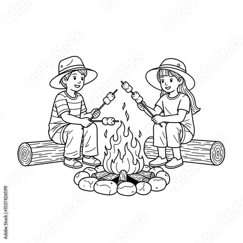 Children feeling joyful, roasting marshmallows by the campfire