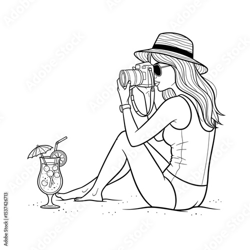 Woman feeling creative, taking pictures with camera while relaxing on beach