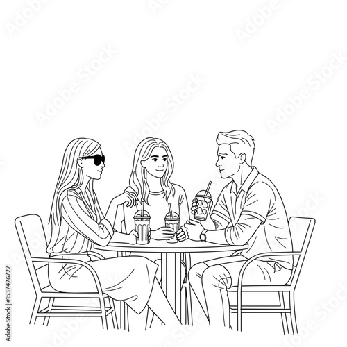 Group of friends feeling relaxed, enjoying drinks together at a cafe