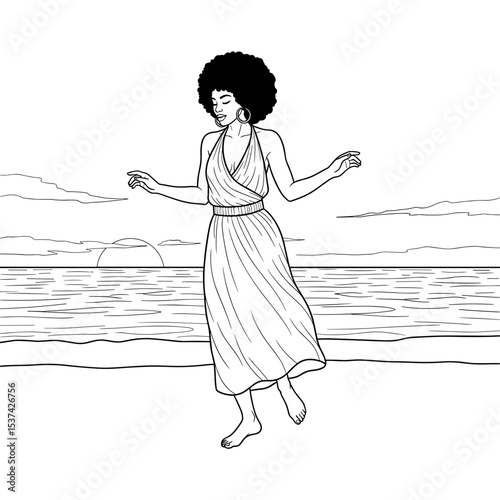 Woman feeling free, dancing joyfully on the beach at sunset