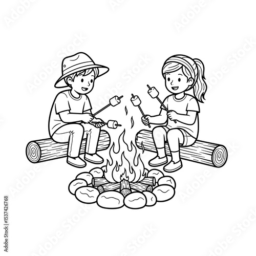 Children feeling joyful, roasting marshmallows by campfire in the woods