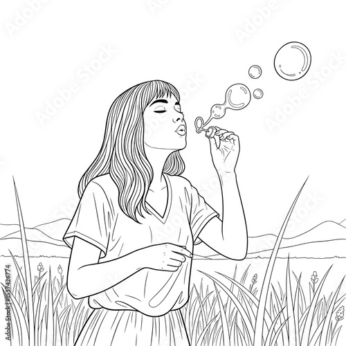 Young woman feeling joyful, blowing bubbles in a field of grass