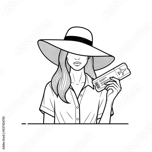 Woman feeling excited, holding boarding pass with stylish hat before traveling