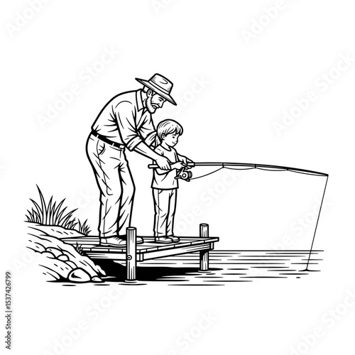 Grandfather and grandson feeling connected, fishing together at lake dock