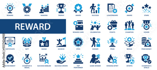 Reward flat icons set. Medal, trophy, achievement, certificate, award, winner icons and more signs. Flat icon collection.