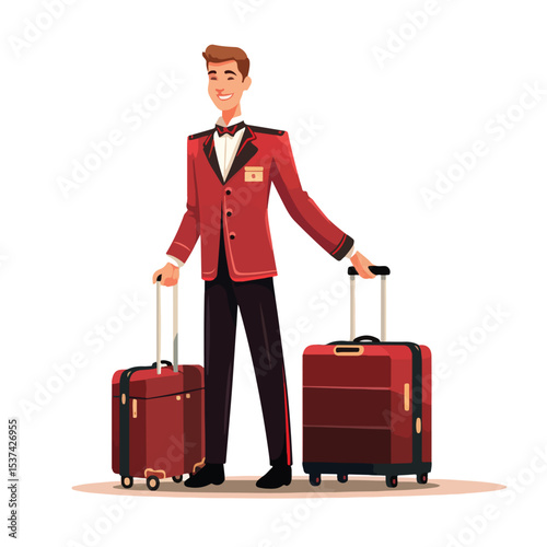 Professional Bellboy with Luggage at Hotel Reception Vector Illustration