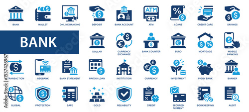 Bank flat icons set. Savings, wallet, deposit, ATM, investment, online banking icons and more signs. Flat icon collection.