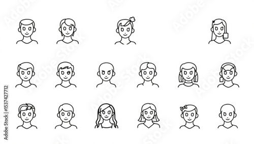 Collection of simple line art portraits depicting various hairstyles and accessories for avatars created with generated ai