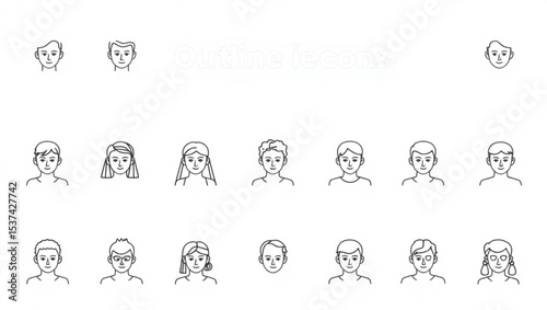 Collection of diverse line art portraits showcasing various hairstyles and facial features in a simple style created with generated ai