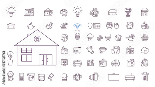 Outline icons depicting smart home technology and various household appliances and devices displayed created with generated ai