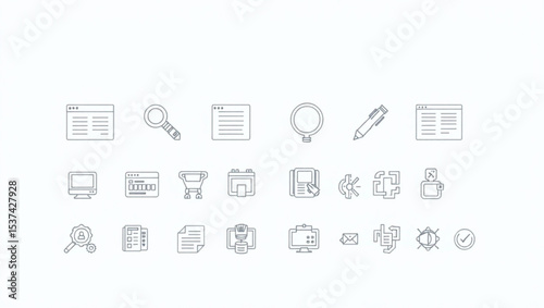 Outline icon set featuring computer, search, document, pen, calendar, and various business symbols created with generated ai