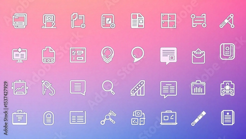Collection of thin line icons representing various business and office related concepts on gradient background created with generated ai