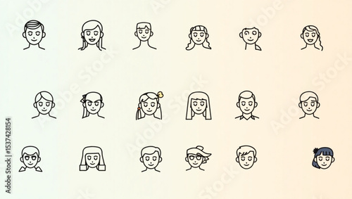 Collection of diverse cartoon faces with various hairstyles and accessories in a simple line drawing style created with generated ai
