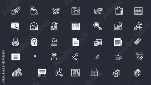 Collection of various business and technology related icons displayed on a dark background surface created with generated ai