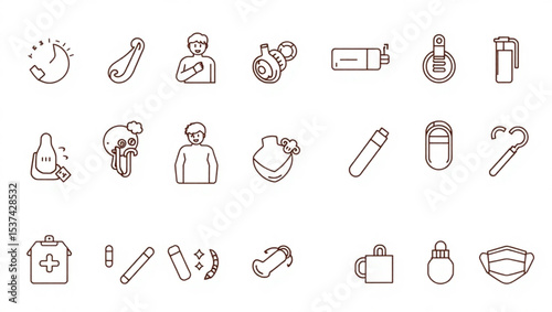 Collection of line art icons featuring medical supplies, personal items, and various other objects created with generated ai