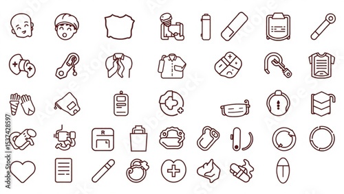 Collection of outline style medical and healthcare icons featuring various tools and equipment designs created with generated ai