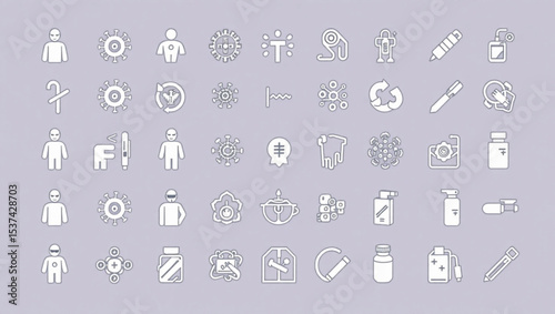 Collection of medical and science related icons including virus cells and human figures icons set created with generated ai