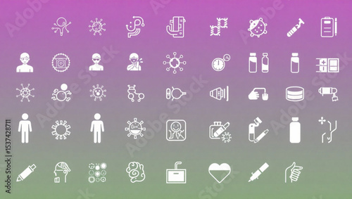 Collection of medical and scientific icons representing health and research topics in white color created with generated ai