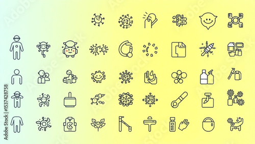 Collection of outline icons featuring people, viruses, cleaning supplies, and various other objects created with generated ai