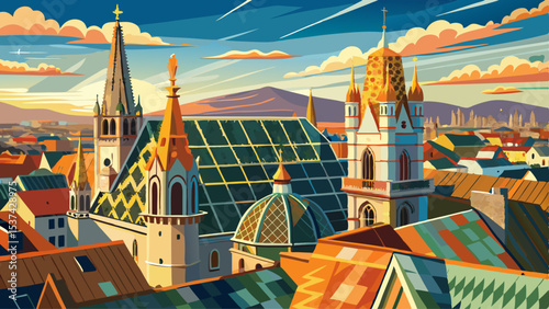 St. Stephan cathedral roof top view on Vienna city at sunny day. Very beautiful