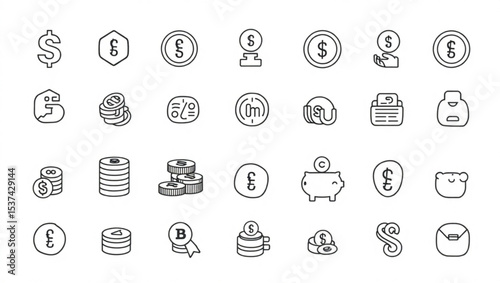 Collection of various currency symbols and coin icons including dollar euro and bitcoin in simple line art created with generated ai