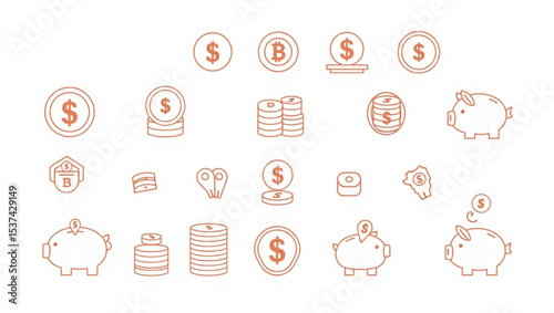 Illustration of money related icons featuring coins piggy banks and bitcoin symbols in a line art style created with generated ai