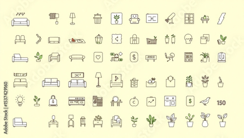 Illustration of various interior design elements including furniture and decorative objects on a light background created with generated ai
