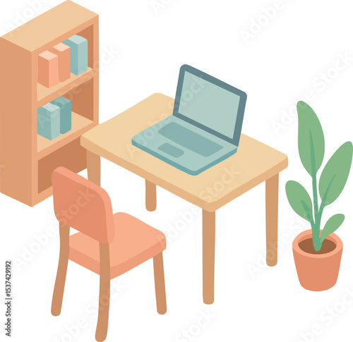 The image depicts a cozy isometric home office setup with a desk, chair, laptop, bookshelf, and potted plant in soft pastel tones.