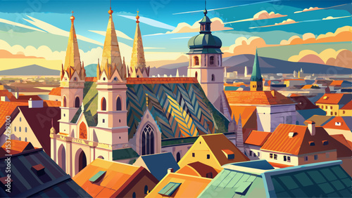 St. Stephan cathedral roof top view on Vienna city at sunny day. Very beautiful