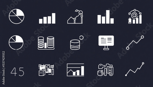 Collection of business and finance icons including charts graphs and coin stacks on a dark background created with generated ai