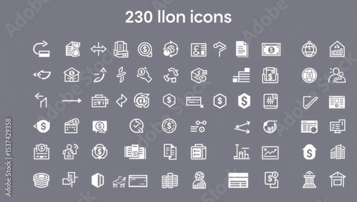 Collection of various financial and business icons arranged on a gray background in a grid pattern created with generated ai