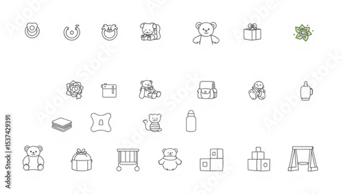 Collection of outline baby icons including toys, bottles, and accessories arranged in rows and columns created with generated ai