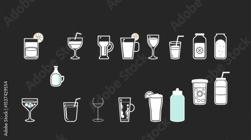 Collection of various beverage containers including glasses mugs and bottles on dark background created with generated ai