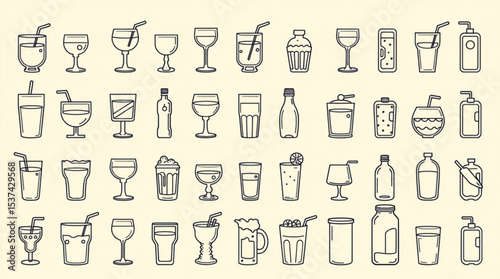 Collection of various outlined drinkware and bottles with different shapes and sizes in a pattern created with generated ai