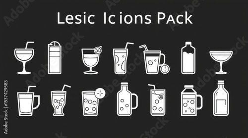 Illustration of various beverage containers including glasses bottles and mugs in white outline style created with generated ai