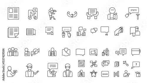 Illustration of communication and business icons with various symbols and representations in a line art style created with generated ai